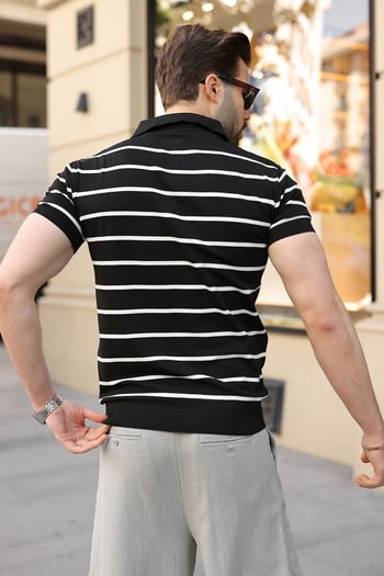 Siyah Çizgili Polo Yaka Triko Erkek T-shirt E7405