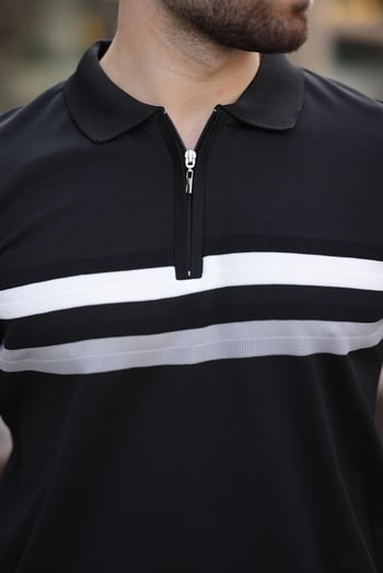 Siyah Fermuarlı Polo Yaka Triko Erkek T-shirt E7299