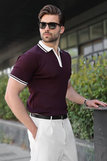 Mürdüm Yarım Fermuarlı Polo Yaka Triko Erkek Tişört E7501