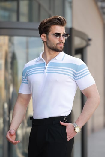Beyaz Fermuarlı Polo Yaka Erkek Triko T-shirt E7407