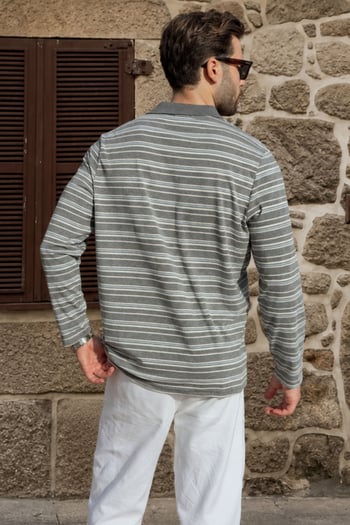 Gri Regular Fit Çizgili Polo Yaka Erkek Tişört E7192