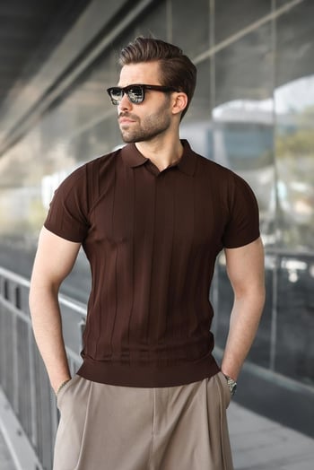 Kahverengi Slim Fit Polo Yaka Triko Erkek Tişört E7491