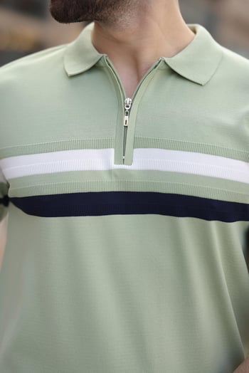 Çağla Yeşili Fermuarlı Polo Yaka Triko Erkek T-shirt E7299