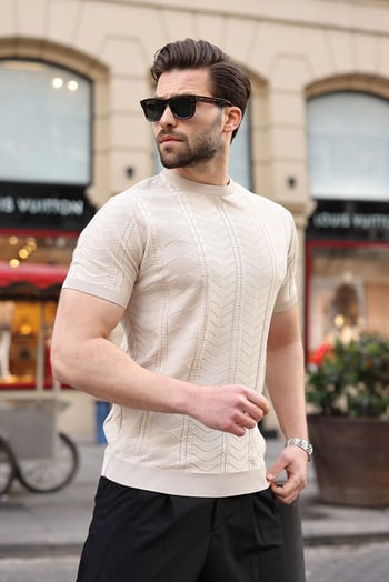 Taş Rengi Bisiklet Yaka Slim Fit Triko Erkek Tişört E7466