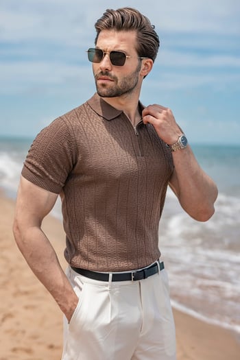 Açık Kahverengi Regular Fit Polo Yaka Triko Erkek Tişört E7503