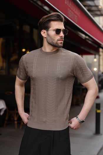 Açık Kahverengi Bisiklet Yaka Slim Fit Triko Erkek Tişört E7466