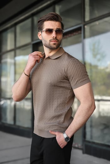 Açık Kahverengi Slim Fit Polo Yaka Triko Erkek Tişört E7472