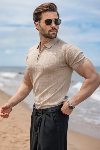 Taş Rengi Regular Fit Polo Yaka Triko Erkek Tişört E7503