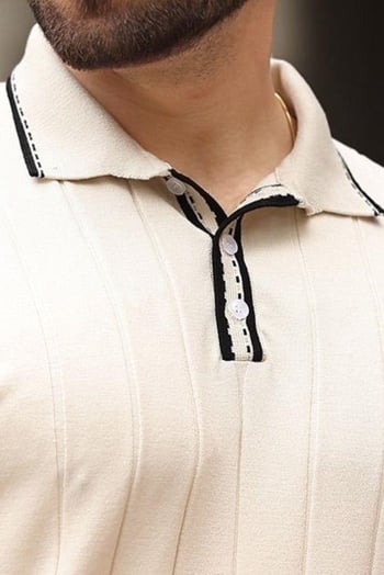 Bej Desenli Düğmeli Polo Yaka Erkek Tişört E7408