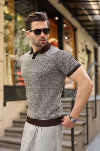 Kahverengi Polo Yaka Regular Fit Erkek Triko Tişört E7496