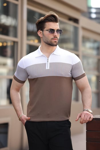 Vizon Renk Bloklu Polo Yaka Triko Erkek T-shirt E7409