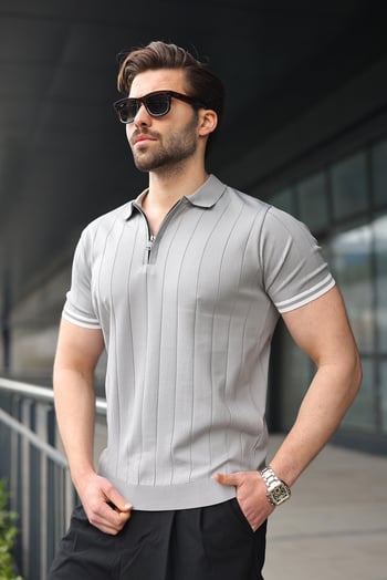 Madmext Erkek Gri Polo Yaka Fermuarlı Tişört 6876