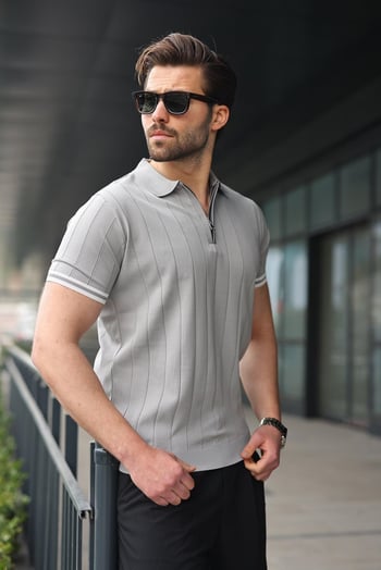 Madmext Erkek Gri Polo Yaka Fermuarlı Tişört 6876