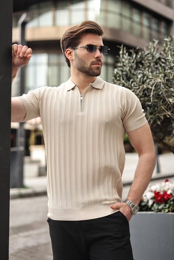 Taş Rengi Yarım Fermuarlı Polo Yaka Erkek Triko Tişört E7458