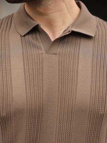 Açık Kahverengi Polo Yaka Triko Erkek Tişört E7469