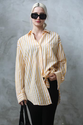 Sarı Çizgili Oversize Kadın Gömlek MG1688