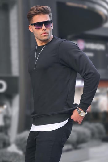 Siyah Basic Bisiklet Yaka Erkek Sweatshirt 6047