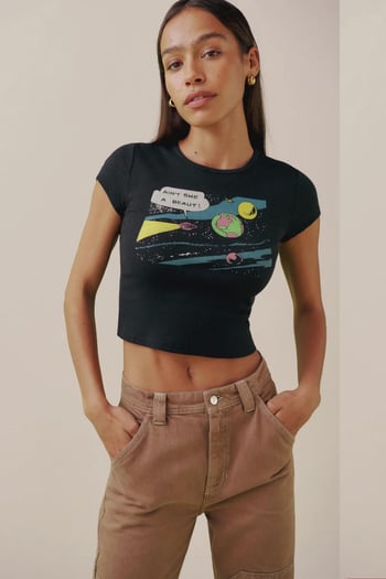 Siyah Baskılı Bisiklet Yaka Crop Tişört MG1756