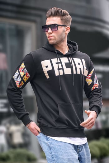 Siyah Baskılı Kapüşonlu Erkek Sweatshirt 6039
