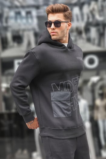 Siyah Baskılı Kapüşonlu Sweatshirt 6148