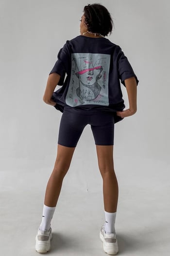 Siyah Baskılı Oversize Tişört MG1491