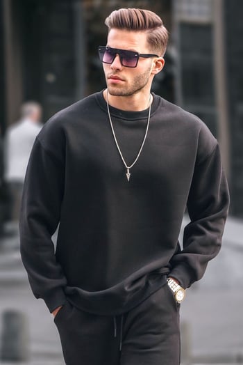 Black Basic Crewneck Raised Oversize Sweatshirt 6048