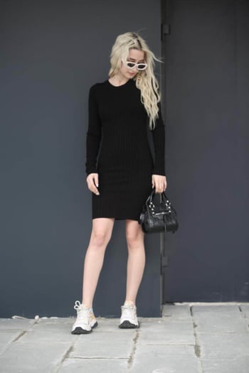 Siyah Bodycon Fitilli Mini Elbise MG1710