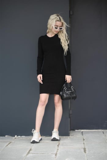 Siyah Bodycon Fitilli Mini Elbise MG1710