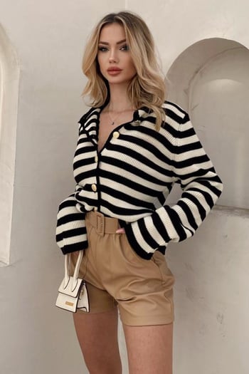 Siyah Çizgili Bisiklet Yaka Gold Düğme Detaylı Cotton Hırka MG1605
