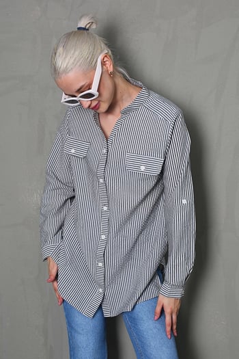 Siyah Çizgili Gofre Kumaş Oversize Gömlek MG1666