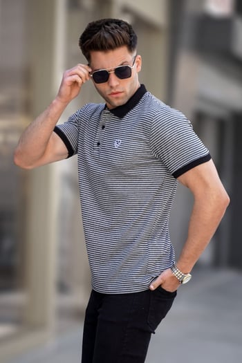 Siyah Çizgili Polo Yaka Tişört 5881