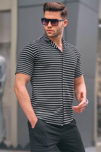 Siyah Çizgili Slim Fit Erkek Kısa Kol Gömlek 5591