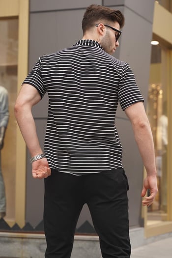 Siyah Çizgili Slim Fit Erkek Kısa Kol Gömlek 5591
