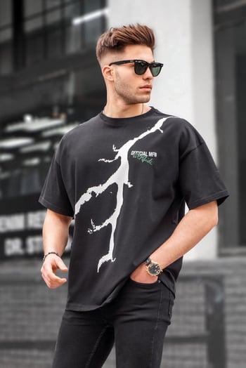 Siyah Desenli Oversize Erkek Tişört