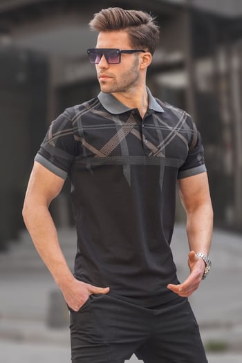 Siyah Desenli Polo Yaka Erkek Tişört 6080