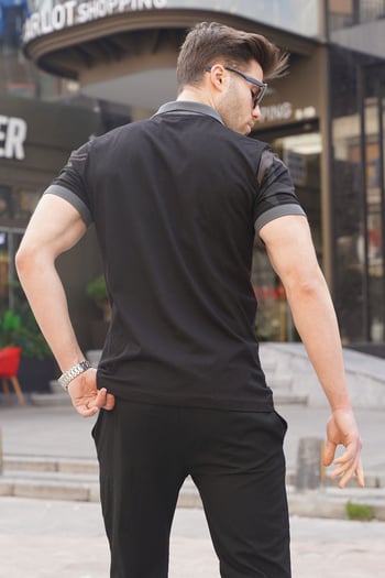 Siyah Desenli Polo Yaka Erkek Tişört 6080