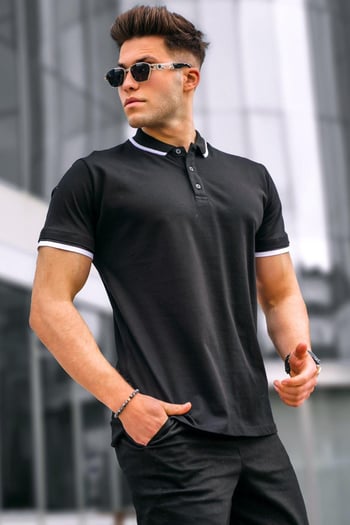 Siyah Düz Polo Yaka Erkek Tişört 