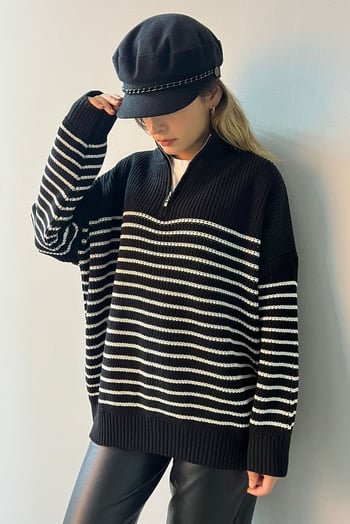 Black Striped Zip Neck Sweater MG1261