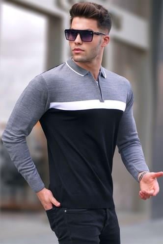 Black Zipped Knitwear Polo Sweater 5787