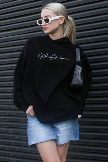 Siyah Nakışlı Kapüşonlu Kadın Sweatshirt MG1691