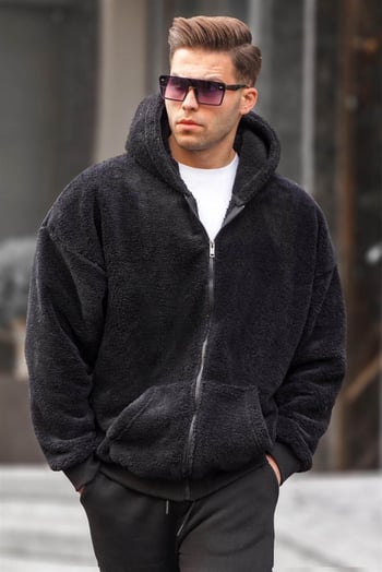 Black Fur Over Fit Zip Hoodie Sweatshirt 6049