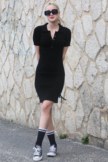 Siyah Polo Yaka Mini Kadın Elbise MG1736