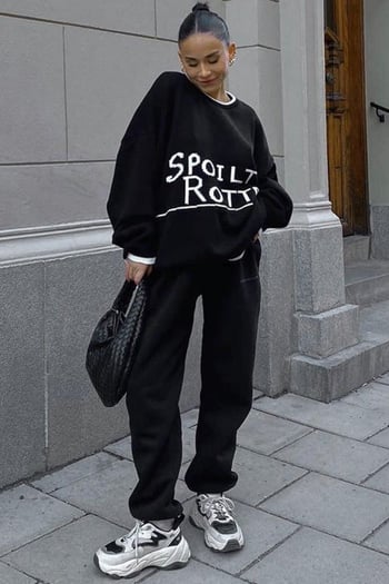 Siyah Yazılı Oversize Bisiklet Yaka  Kadın Kazak MG1596