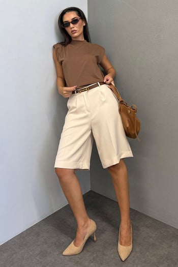 Bej Pileli Kadın Bermuda Şort Mg2483