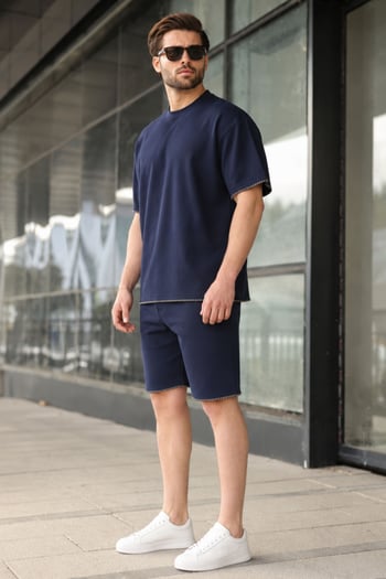 Lacivert Nakış Detaylı Erkek Şort T-shirt Takım E7305