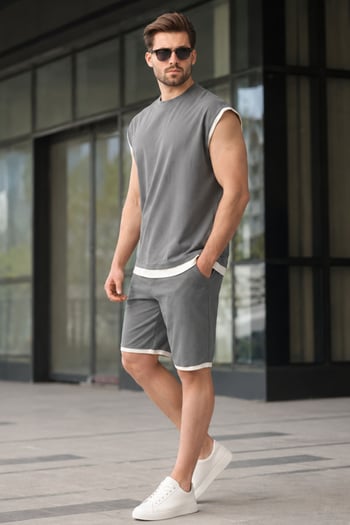 Füme  Sıfır Kol Erkek Şort T-shirt Takım E7308