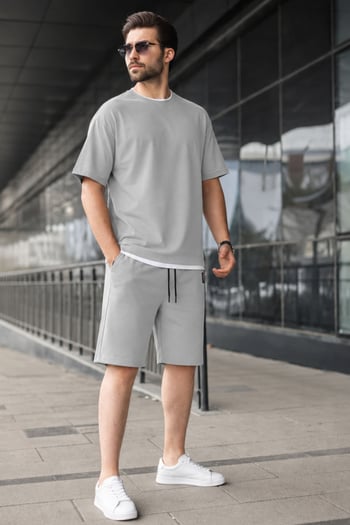Madmext Boyalı Gri Oversize Erkek Şort Takımı 5668