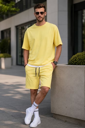 Madmext Men Yellow T-shirt Shorts Set 5668