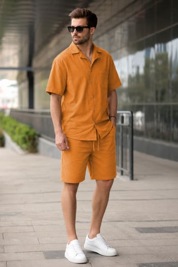 Erkek Turuncu Basic Oversize Gömlek Takımı 5588