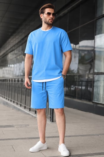 Madmext Mavi Oversize Erkek Şort Takımı 5668